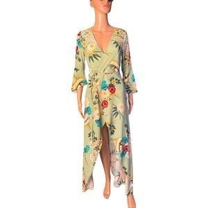 CBR Maxi Dress Womens S Green Floral Surplice V-neck Faux Wrap Beach Boho Summer